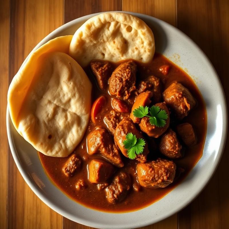 Rich beef stew served beside chapati.
