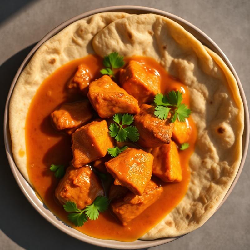 Chicken curry served with chapati flatbread.