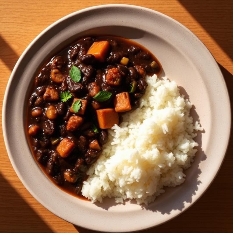 Njahi black bean stew served with white rice.