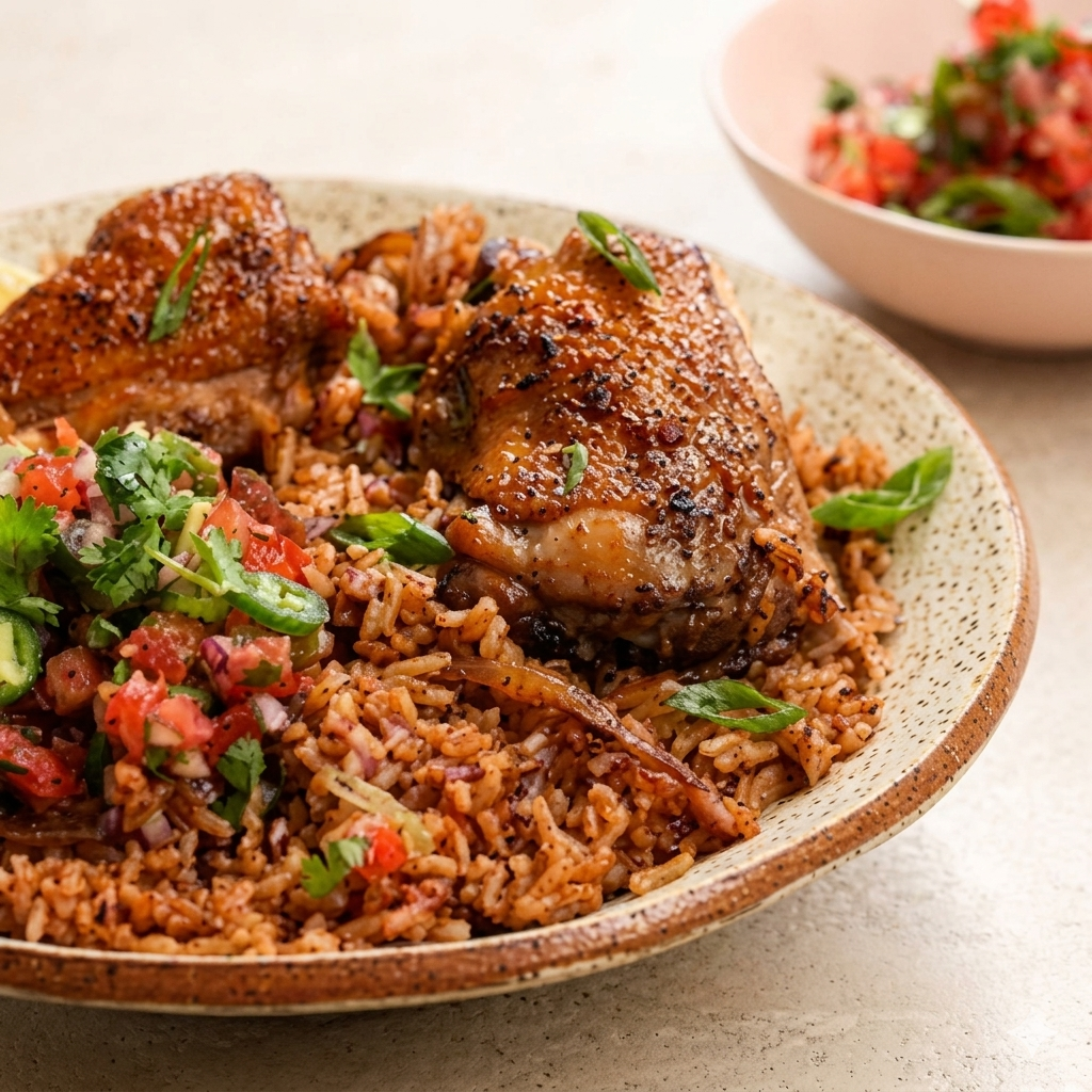 Pilau rice served with roasted chicken pieces and fresh salsa.